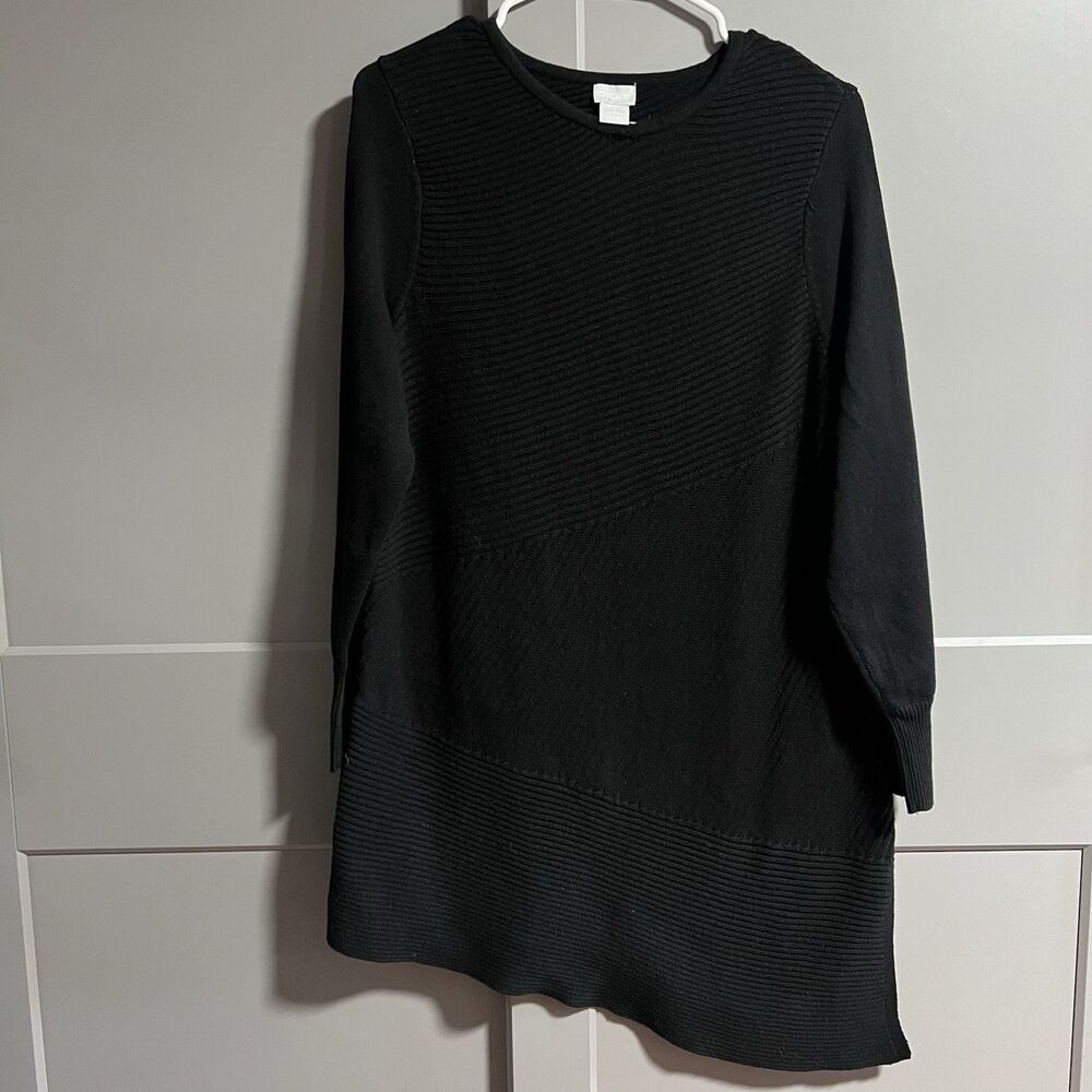 Chico’s Women L/S Rib Sweater Knit Asymmetrical Hem Tunic Mini Dress Black US M
